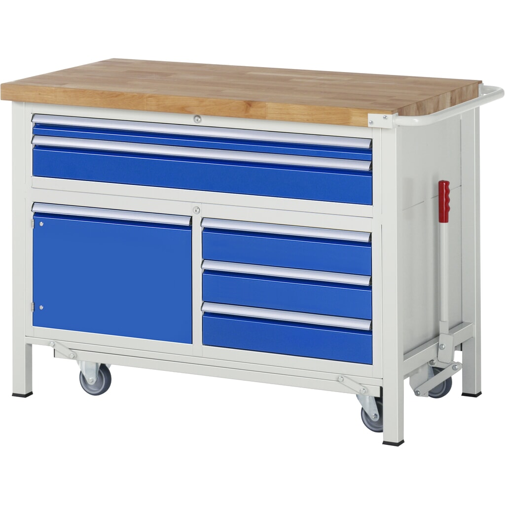 Banco de trabajo RAU serie 8000 con bastidor con ruedas abatible, 1 contenedor triple, HxAxF 920 x 1.250 x 700 mm, 5 cajones extraíbles al 90 %, 1 puerta batiente Imagen del producto: Banco de trabajo RAU serie 8000 con bastidor con ruedas abatible, 1 contenedor triple, HxAxF 920 x 1.250 x 700 mm, 5 cajones extraíbles al 90 %, 1 puerta batiente