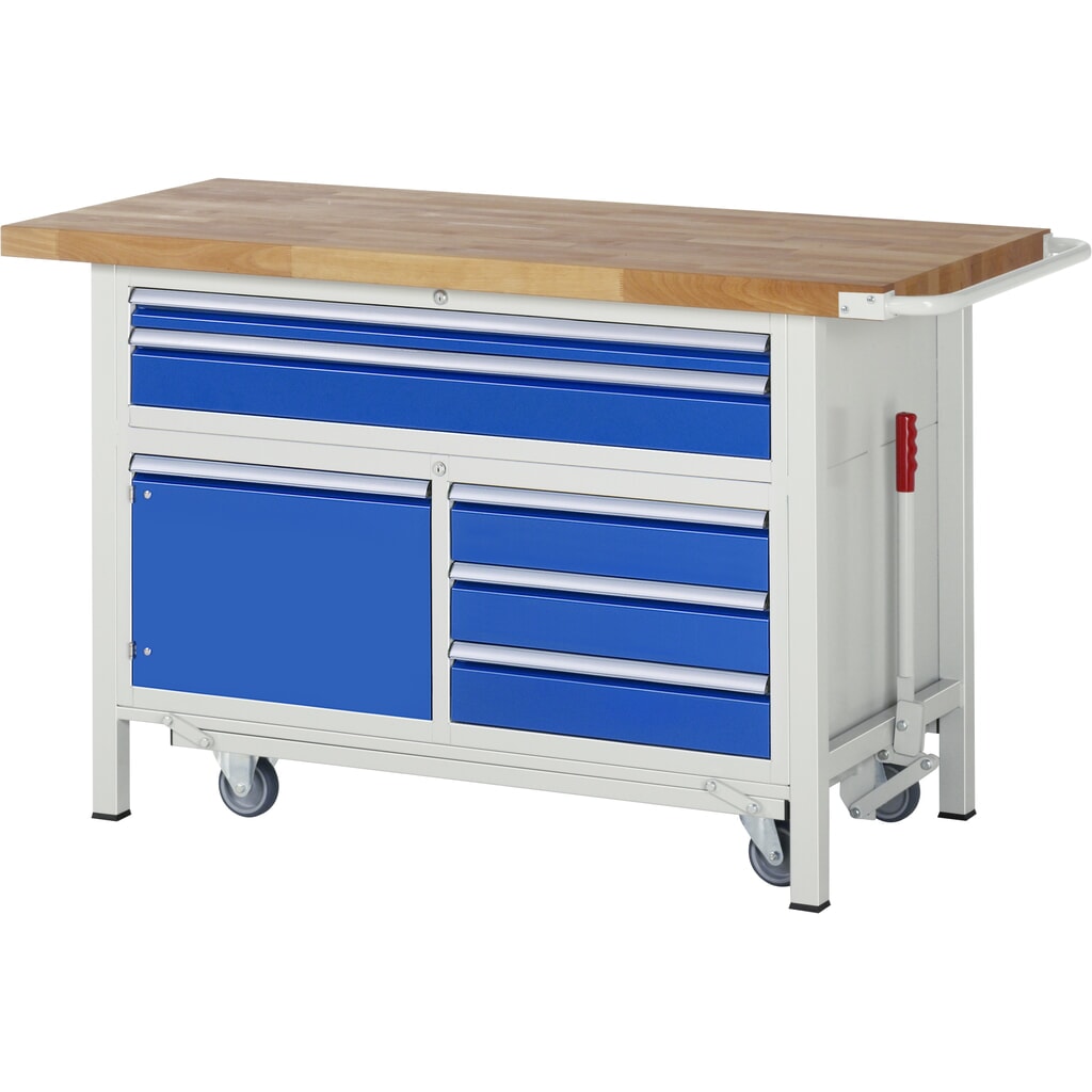 Banco de trabajo RAU serie 8000 con bastidor con ruedas abatible, 1 contenedor triple, HxAxF 920 x 1.500 x 700 mm, 5 cajones extraíbles al 90 %, 1 puerta batiente Imagen del producto: Banco de trabajo RAU serie 8000 con bastidor con ruedas abatible, 1 contenedor triple, HxAxF 920 x 1.500 x 700 mm, 5 cajones extraíbles al 90 %, 1 puerta batiente