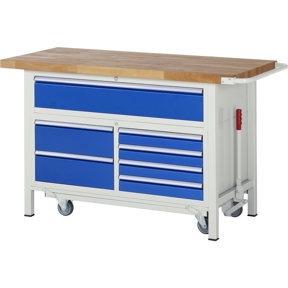 Imagen del producto: Banco de trabajo RAU serie 8000 con bastidor con ruedas abatible, 1 contenedor triple, HxAxF 920 x 1.500 x 700 mm, 7 cajones extraíbles al 90 %