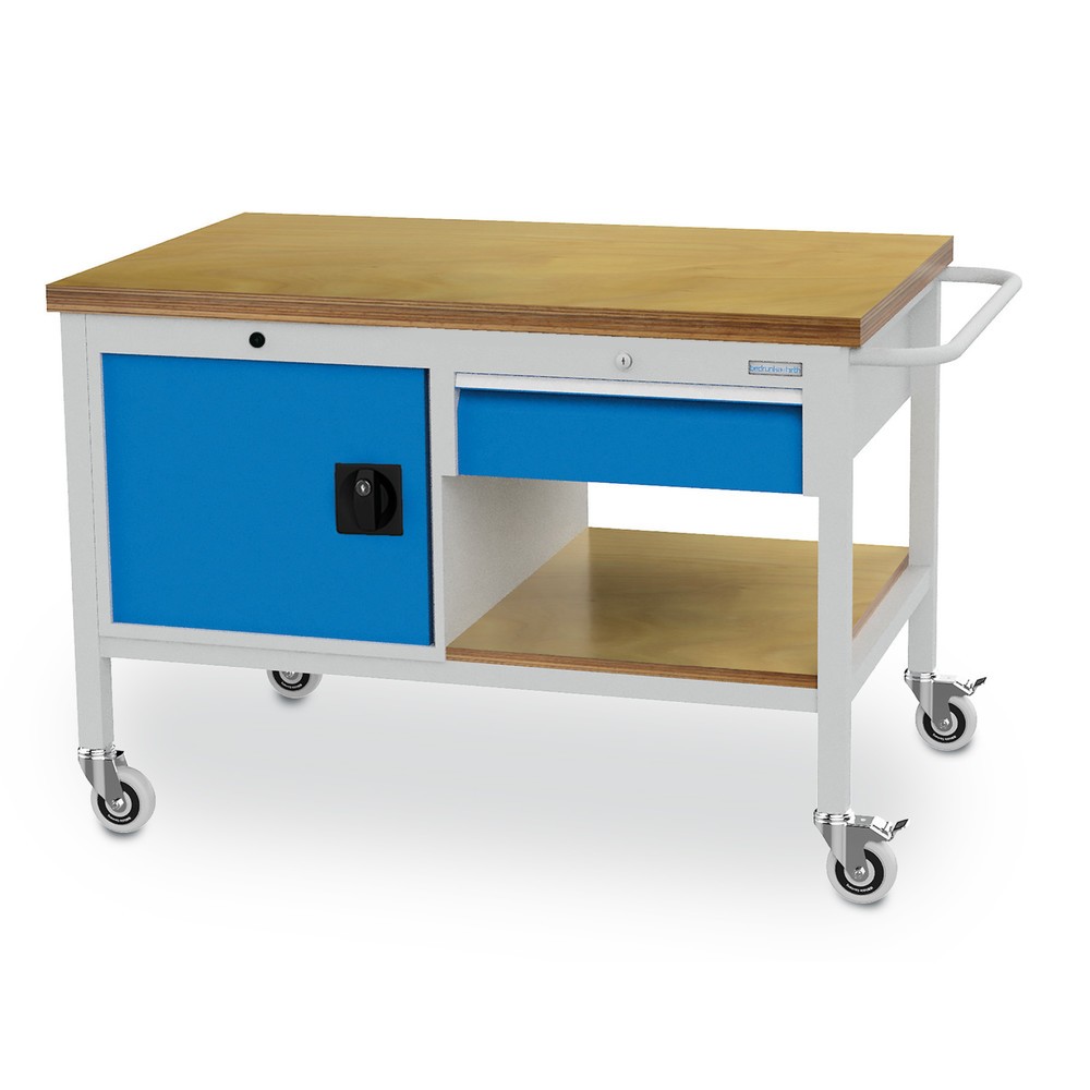 Número de imagen del producto 1: Banco de trabajo con ruedas Bedrunka+Hirth, armario, 1 cajón, azul luminoso