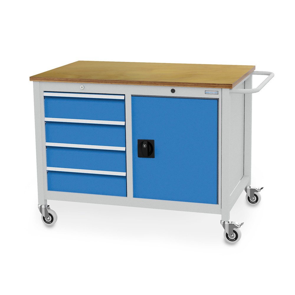 Imagen del producto: Banco de trabajo con ruedas Bedrunka+Hirth, armario, 4 cajones, azul luminoso