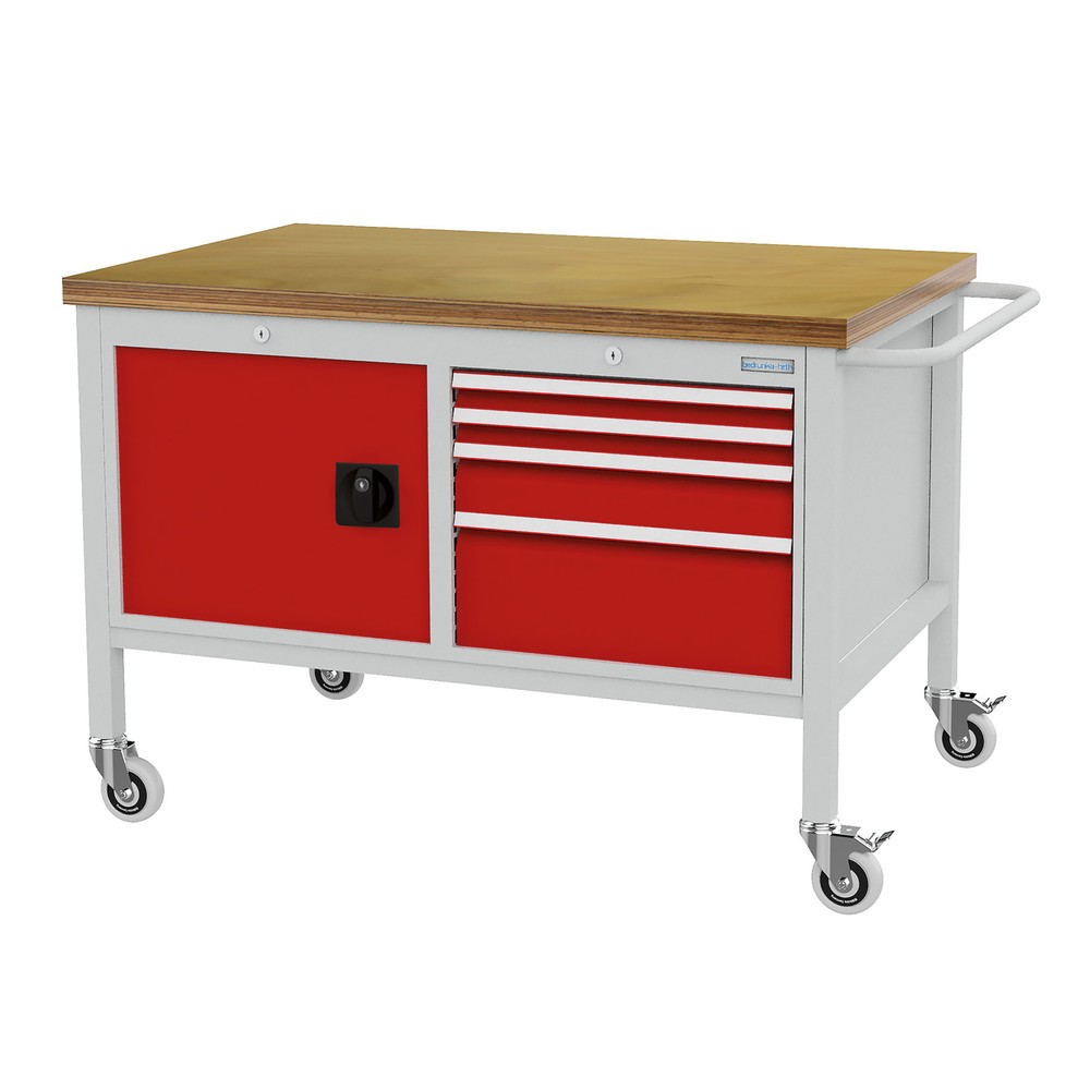 Número de imagen del producto 1: Banco de trabajo con ruedas Bedrunka+Hirth, armario, 4 cajones de distintas alturas, rojo tráfico