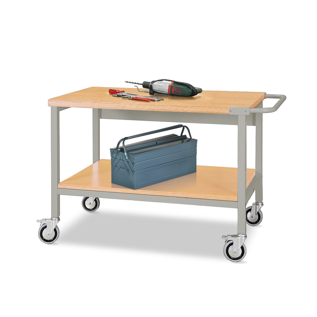 Imagen del producto: Banco de trabajo móvil con ruedas, 2 estantes de madera de 1.200 x 750 mm, CC 400 kg