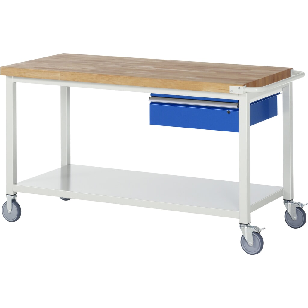 Banco de trabajo con ruedas RAU, serie 8000, H x A x F 880 x 1.500 x 700 mm, estante inferior con 1 cajón a la derecha Imagen del producto: Banco de trabajo con ruedas RAU, serie 8000, H x A x F 880 x 1.500 x 700 mm, estante inferior con 1 cajón a la derecha