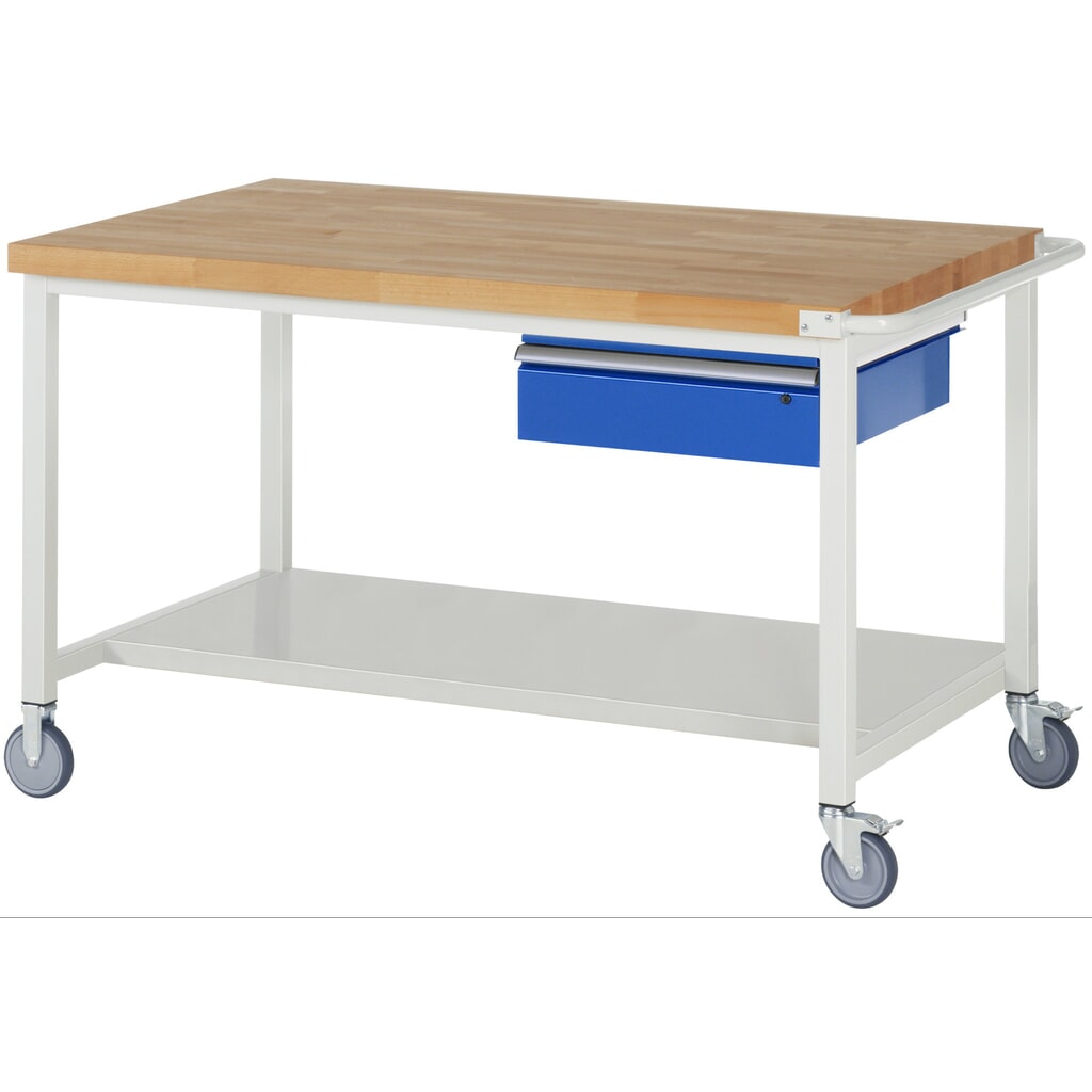 Banco de trabajo con ruedas RAU, serie 8000, H x A x F 880 x 1.500 x 900 mm, estante inferior con 1 cajón a la derecha Imagen del producto: Banco de trabajo con ruedas RAU, serie 8000, H x A x F 880 x 1.500 x 900 mm, estante inferior con 1 cajón a la derecha