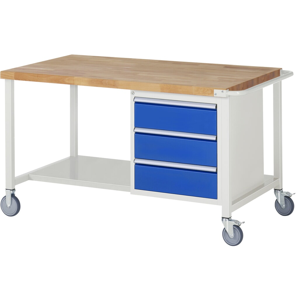 Banco de trabajo móvil RAU serie 8000, 1 contenedor, HxAxF 880 x 1.500 x 900 mm, 3 cajones extraíbles al 90 %, ancho 490 mm Imagen del producto: Banco de trabajo móvil RAU serie 8000, 1 contenedor, HxAxF 880 x 1.500 x 900 mm, 3 cajones extraíbles al 90 %, ancho 490 mm