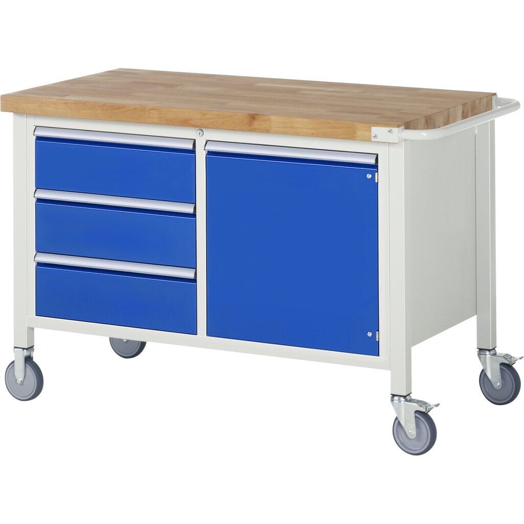 Imagen del producto: Banco de trabajo móvil RAU serie 8000, 1 contenedor doble, 1 puerta batiente, HxAxF 880 x 1.250 x 700 mm, 3 cajones extraíbles al 90 %, ErgoScript
