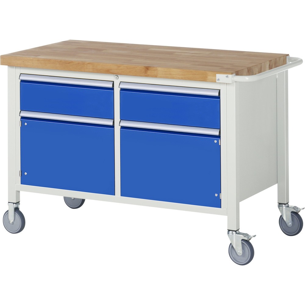 Imagen del producto: Banco de trabajo móvil RAU serie 8000, 1 contenedor doble, 2 puertas batientes, HxAxF 880 x 1.250 x 700 mm, 2 cajones extraíbles al 90 %, ErgoScript