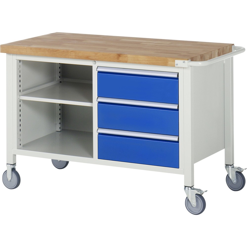 Imagen del producto: Banco de trabajo móvil RAU serie 8000, 1 contenedor doble, 1 balda, HxAxF 880 x 1.250 x 700 mm, 3 cajones extraíbles al 90 %, ErgoScript