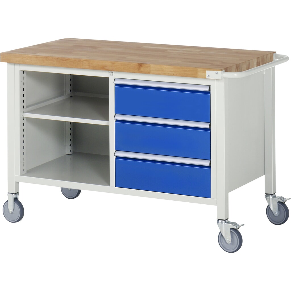 Imagen del producto: Banco de trabajo móvil RAU serie 8000, 1 contenedor doble, 1 balda, HxAxF 880 x 1.250 x 700 mm, 3 cajones extraíbles al 90 %, ErgoScript