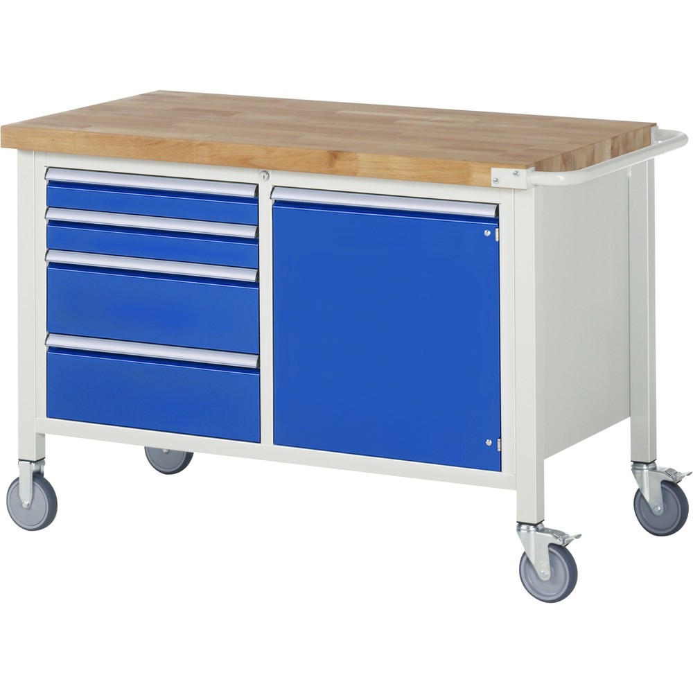 Imagen del producto: Banco de trabajo móvil RAU serie 8000, 1 contenedor doble, 1 puerta batiente, HxAxF 880 x 1.250 x 700 mm, 4 cajones extraíbles al 90 %