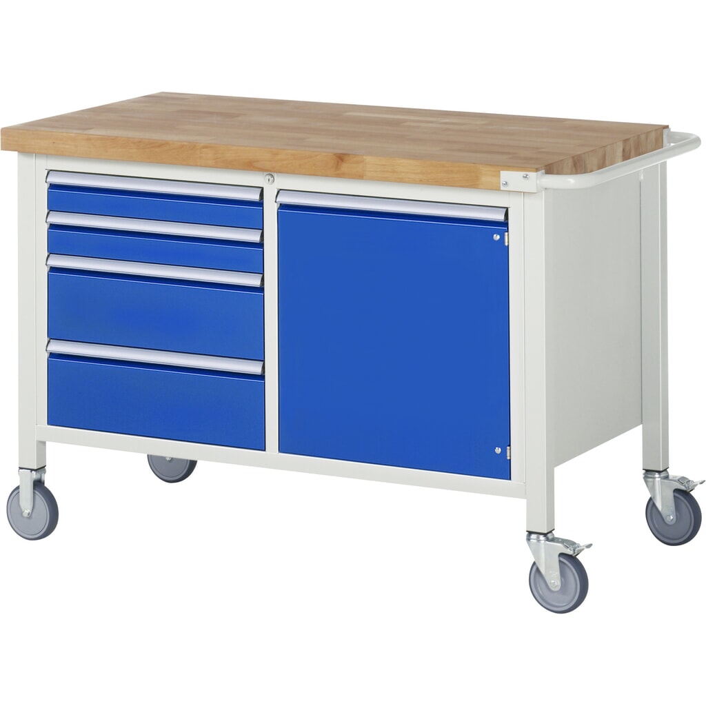 Imagen del producto: Banco de trabajo móvil RAU serie 8000, 1 contenedor doble, 1 puerta batiente, HxAxF 880 x 1.250 x 700 mm, 4 cajones extraíbles al 90 %
