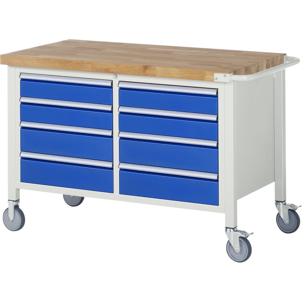 Banco de trabajo móvil RAU serie 8000, 1 contenedor doble, HxAxF 880 x 1.250 x 700 mm, 8 cajones extraíbles al 90 % Imagen del producto: Banco de trabajo móvil RAU serie 8000, 1 contenedor doble, HxAxF 880 x 1.250 x 700 mm, 8 cajones extraíbles al 90 %