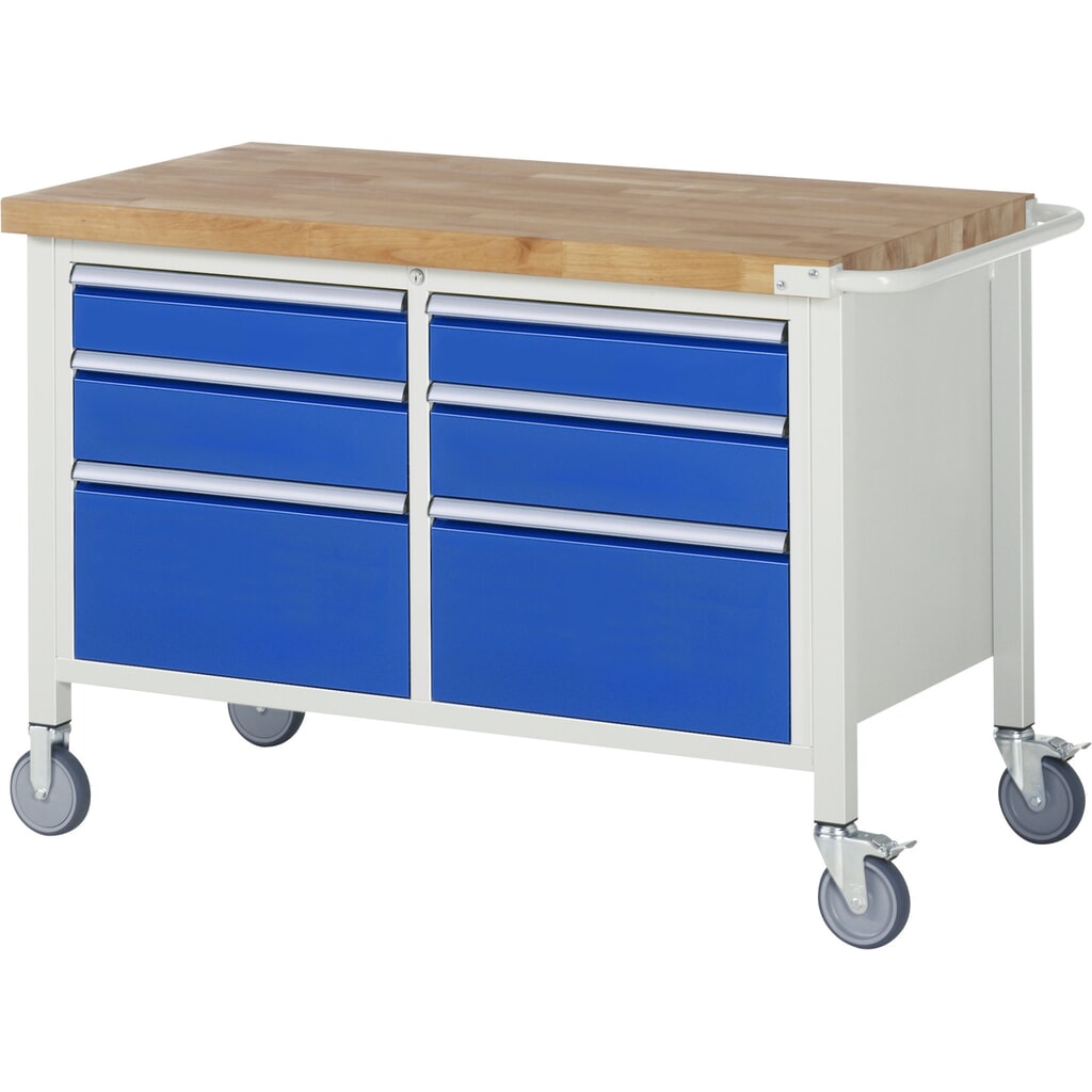 Imagen del producto: Banco de trabajo móvil RAU serie 8000, 1 contenedor doble, HxAxF 880 x 1.250 x 700 mm, 6 cajones extraíbles al 90 %, ErgoScript