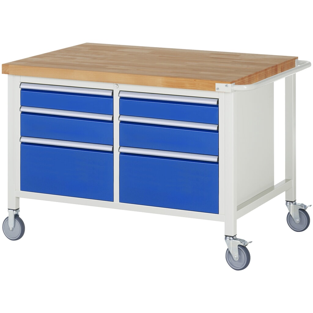 Banco de trabajo móvil RAU serie 8000, 1 contenedor doble, HxAxF 880 x 1.250 x 900 mm, 6 cajones extraíbles al 90 % Imagen del producto: Banco de trabajo móvil RAU serie 8000, 1 contenedor doble, HxAxF 880 x 1.250 x 900 mm, 6 cajones extraíbles al 90 %