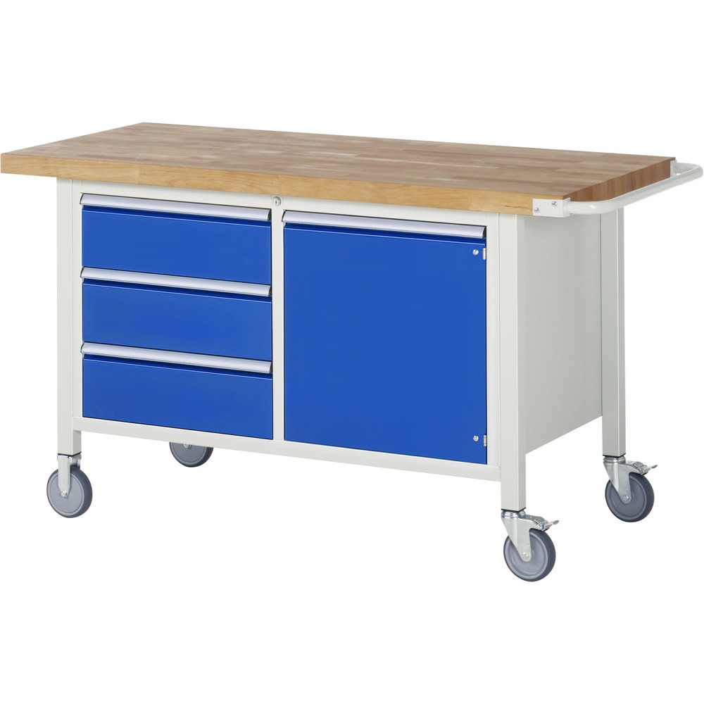 Imagen del producto: Banco de trabajo móvil RAU serie 8000, 1 contenedor doble, 1 puerta batiente, HxAxF 880 x 1.500 x 700 mm, 3 cajones extraíbles al 90 %, ErgoScript