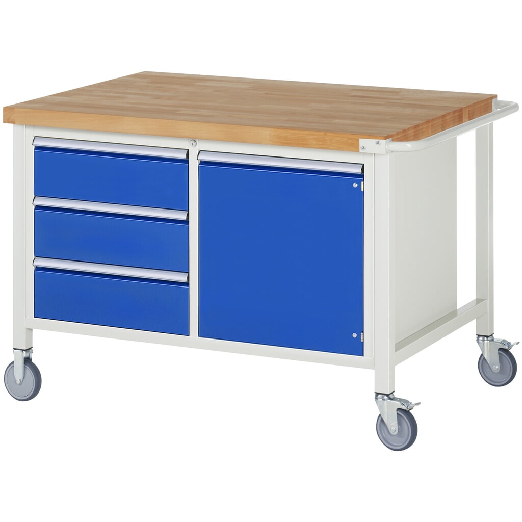 Banco de trabajo móvil RAU serie 8000, 1 contenedor doble, 1 puerta batiente, HxAxF 880 x 1.250 x 900 mm, 3 cajones extraíbles al 90 % Imagen del producto: Banco de trabajo móvil RAU serie 8000, 1 contenedor doble, 1 puerta batiente, HxAxF 880 x 1.250 x 900 mm, 3 cajones extraíbles al 90 %