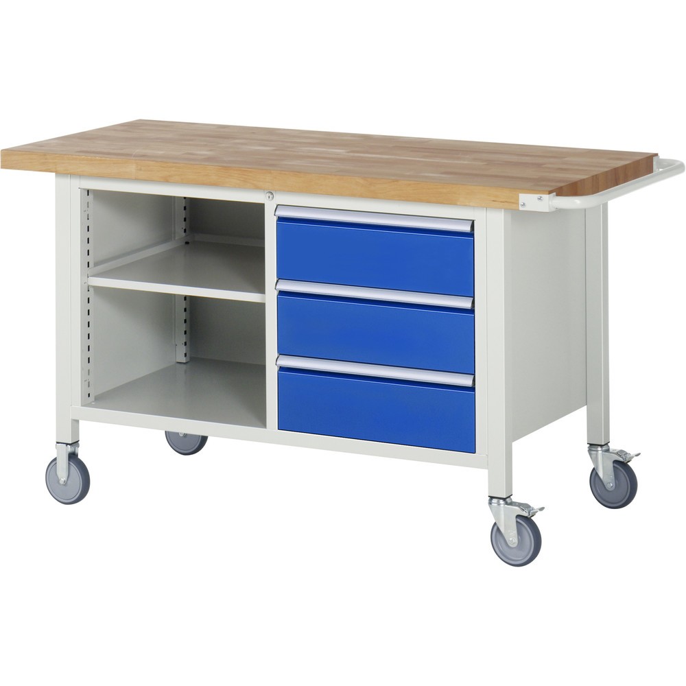 Imagen del producto: Banco de trabajo móvil RAU serie 8000, 1 contenedor doble, 1 balda, HxAxF 880 x 1.500 x 700 mm, 3 cajones extraíbles al 90 %, ErgoScript