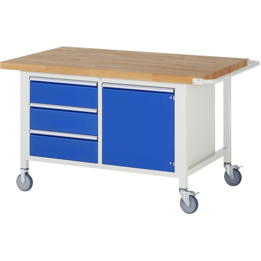 Imagen del producto: Banco de trabajo móvil RAU serie 8000, 1 contenedor doble, 1 puerta batiente, HxAxF 880 x 1.500 x 900 mm, 3 cajones extraíbles al 90 %