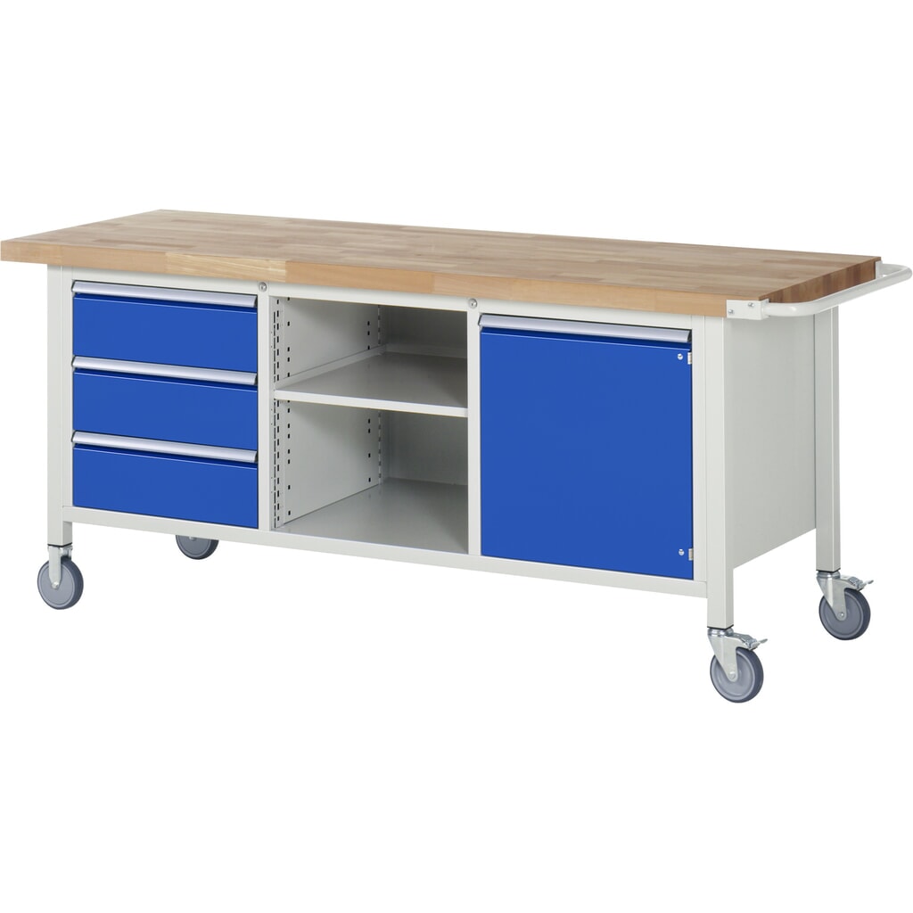 Banco de trabajo móvil RAU serie 8000, 1 contenedor triple, 1 balda, 1 puerta batiente HxAxF 880 x 2.000 x 700 mm, 3 cajones extraíbles al 90 %, ErgoScript Imagen del producto: Banco de trabajo móvil RAU serie 8000, 1 contenedor triple, 1 balda, 1 puerta batiente HxAxF 880 x 2.000 x 700 mm, 3 cajones extraíbles al 90 %, ErgoScript