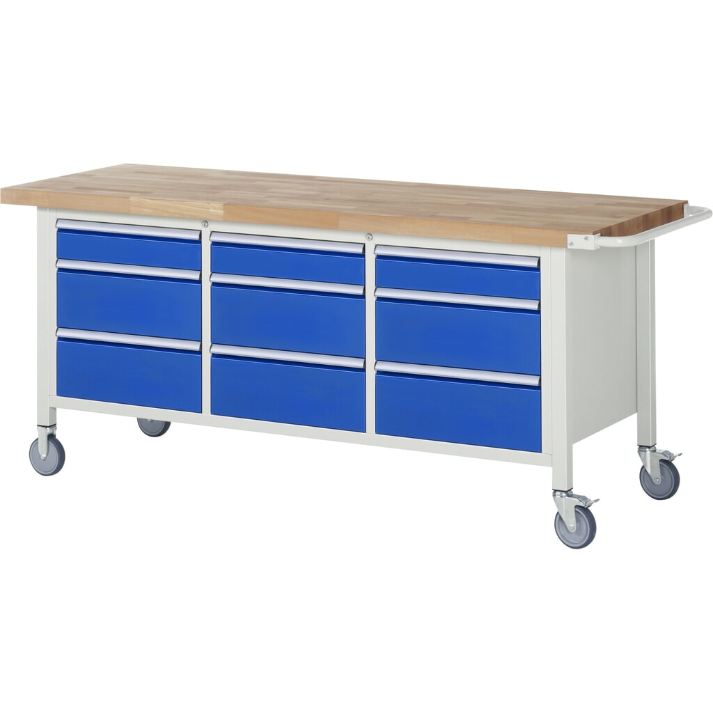 Banco de trabajo móvil RAU serie 8000, 1 contenedor triple, HxAxF 880 x 2.000 x 700 mm, 9 cajones extraíbles al 90 % Imagen del producto: Banco de trabajo móvil RAU serie 8000, 1 contenedor triple, HxAxF 880 x 2.000 x 700 mm, 9 cajones extraíbles al 90 %
