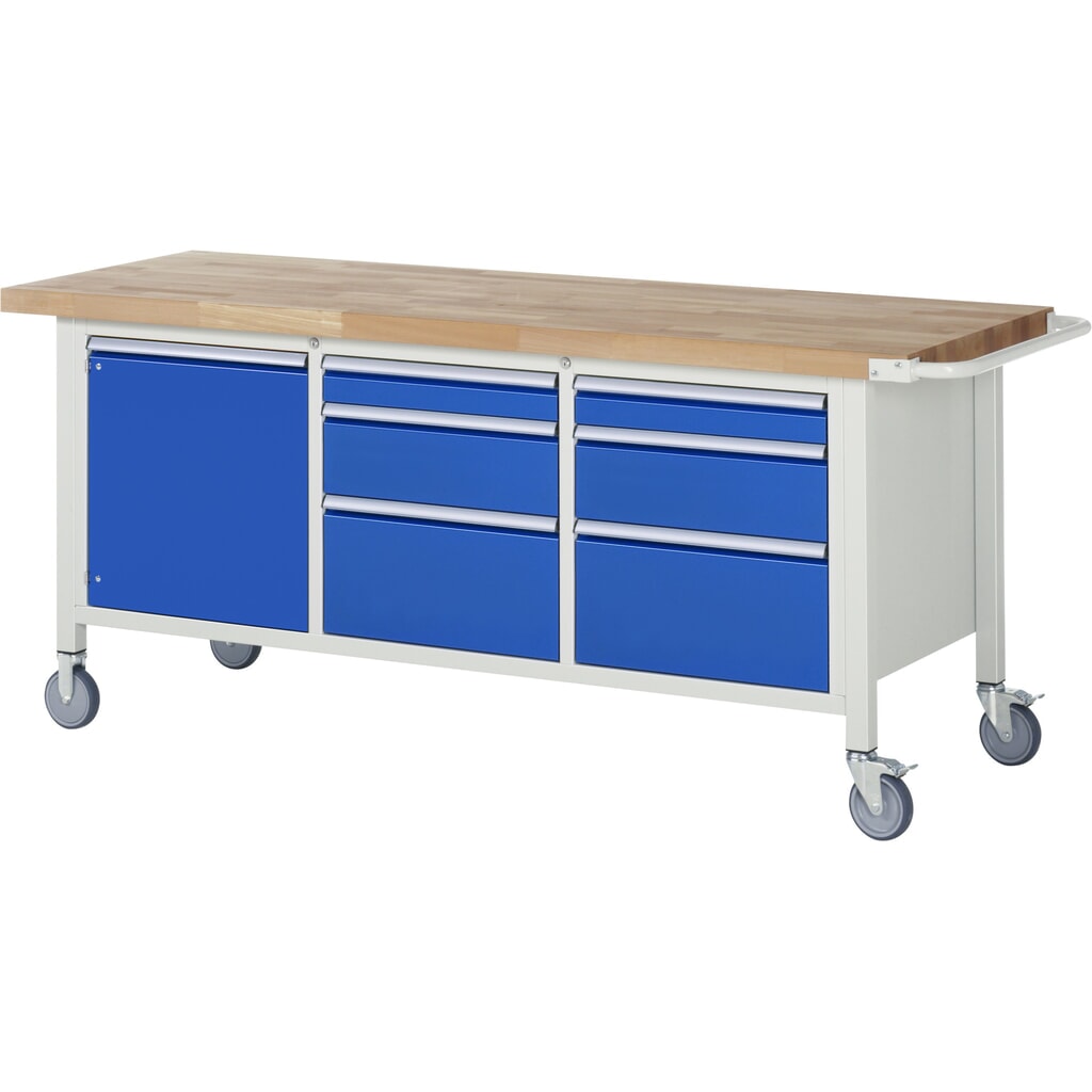 Banco de trabajo móvil RAU serie 8000, 1 contenedor triple, 1 puerta batiente HxAxF 880 x 2.000 x 700 mm, 6 cajones extraíbles al 90 % Imagen del producto: Banco de trabajo móvil RAU serie 8000, 1 contenedor triple, 1 puerta batiente HxAxF 880 x 2.000 x 700 mm, 6 cajones extraíbles al 90 %
