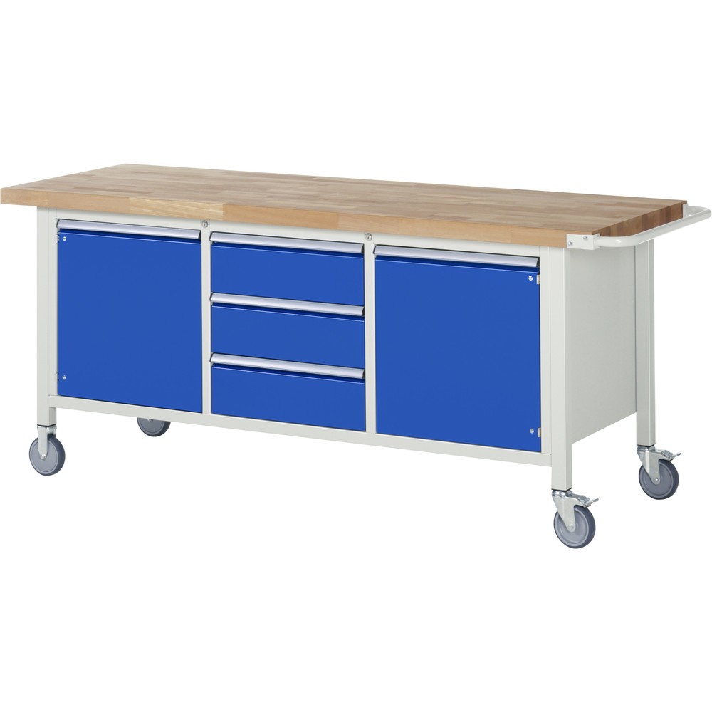 Imagen del producto: Banco de trabajo móvil RAU serie 8000, 1 contenedor triple, 2 puertas batientes HxAxF 880 x 2.000 x 700 mm, 3 cajones extraíbles al 90 %, ErgoScript