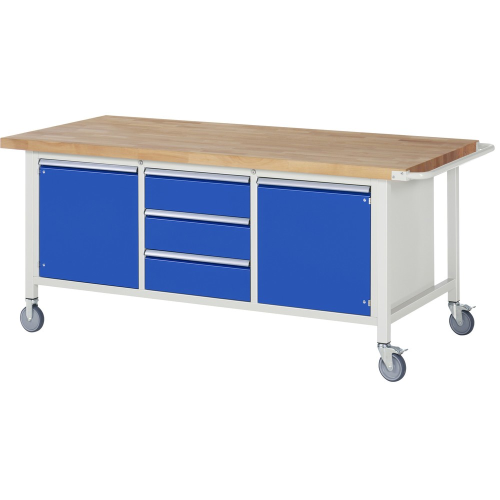 Imagen del producto: Banco de trabajo móvil RAU serie 8000, 1 contenedor triple, 2 puertas batientes HxAxF 880 x 2.000 x 900 mm, 3 cajones extraíbles al 90 %, ErgoScript
