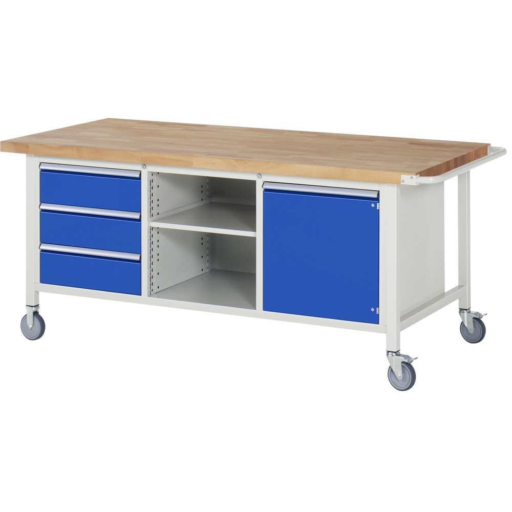 Imagen del producto: Banco de trabajo móvil RAU serie 8000, 1 contenedor triple, 1 balda, 1 puerta batiente HxAxF 880 x 2.000 x 900 mm, 3 cajones extraíbles al 90 %, ErgoScript