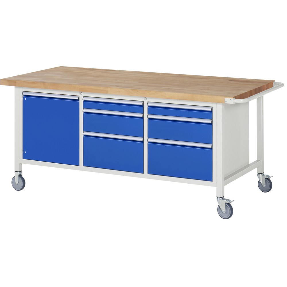 Imagen del producto: Banco de trabajo móvil RAU serie 8000, 1 contenedor triple, 1 puerta batiente HxAxF 880 x 2.000 x 900 mm, 6 cajones extraíbles al 90 %
