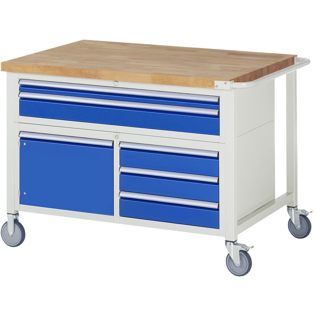 Banco de trabajo móvil RAU serie 8000, 1 contenedor triple, 1 puerta batiente HxAxF 920 x 1.250 x 900 mm, 5 cajones extraíbles al 90 % Imagen del producto: Banco de trabajo móvil RAU serie 8000, 1 contenedor triple, 1 puerta batiente HxAxF 920 x 1.250 x 900 mm, 5 cajones extraíbles al 90 %