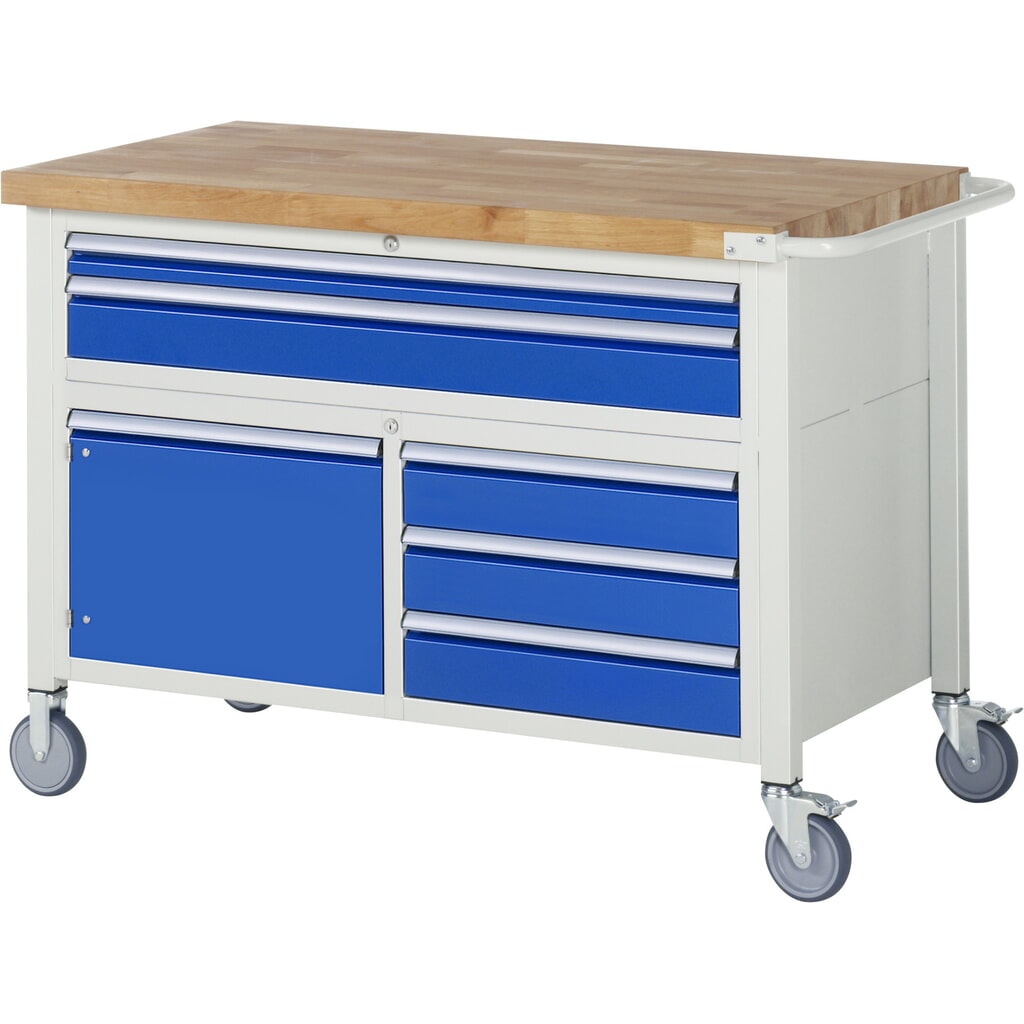 Banco de trabajo móvil RAU serie 8000, 1 contenedor triple, 1 puerta batiente HxAxF 920 x 1.250 x 700 mm, 5 cajones extraíbles al 90 % Imagen del producto: Banco de trabajo móvil RAU serie 8000, 1 contenedor triple, 1 puerta batiente HxAxF 920 x 1.250 x 700 mm, 5 cajones extraíbles al 90 %