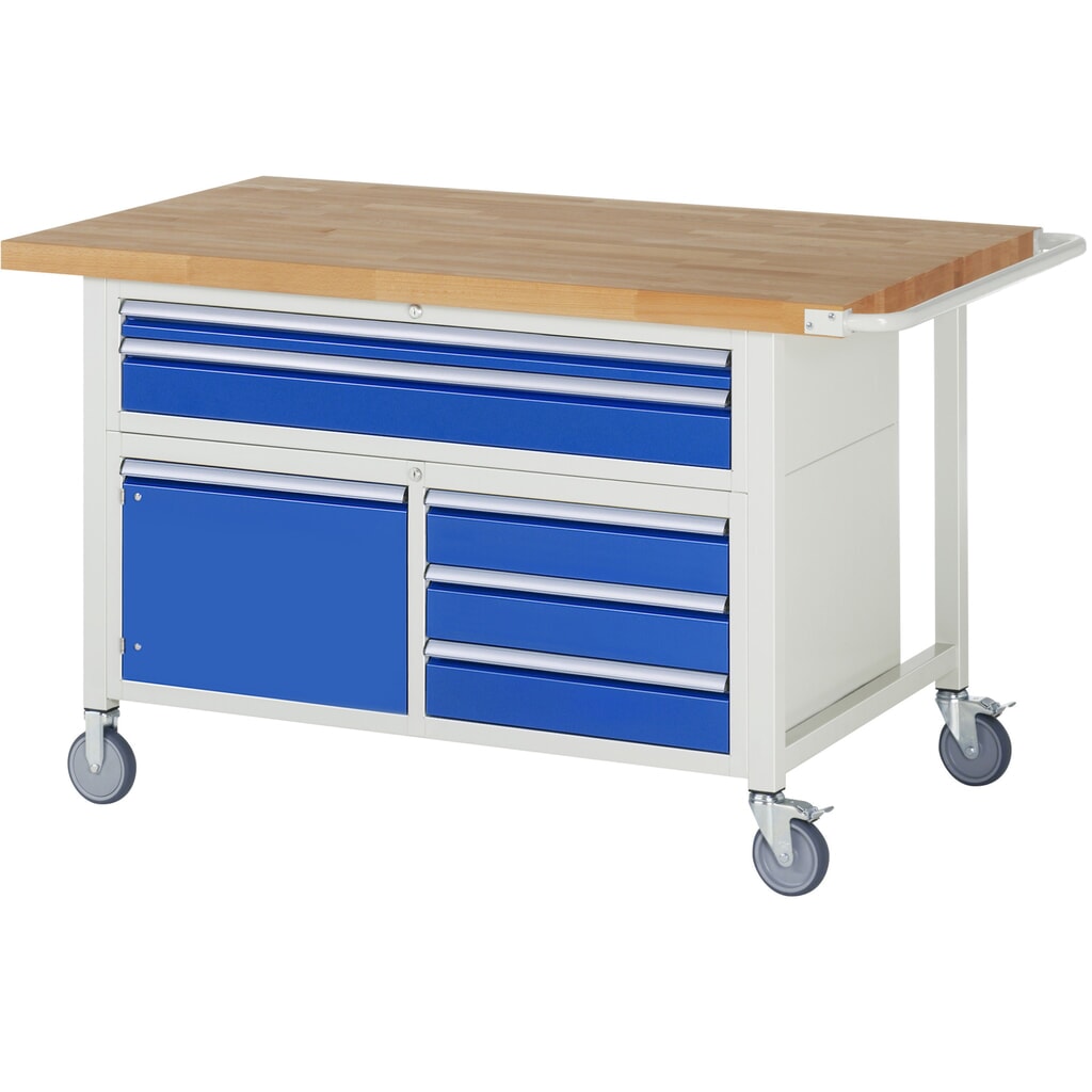 Imagen del producto: Banco de trabajo móvil RAU serie 8000, 1 contenedor triple, 1 puerta batiente HxAxF 920 x 1.500 x 900 mm, 5 cajones extraíbles al 90 %
