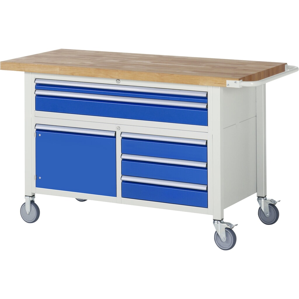 Banco de trabajo móvil RAU serie 8000, 1 contenedor triple, 1 puerta batiente HxAxF 920 x 1.500 x 700 mm, 5 cajones extraíbles al 90 % Imagen del producto: Banco de trabajo móvil RAU serie 8000, 1 contenedor triple, 1 puerta batiente HxAxF 920 x 1.500 x 700 mm, 5 cajones extraíbles al 90 %