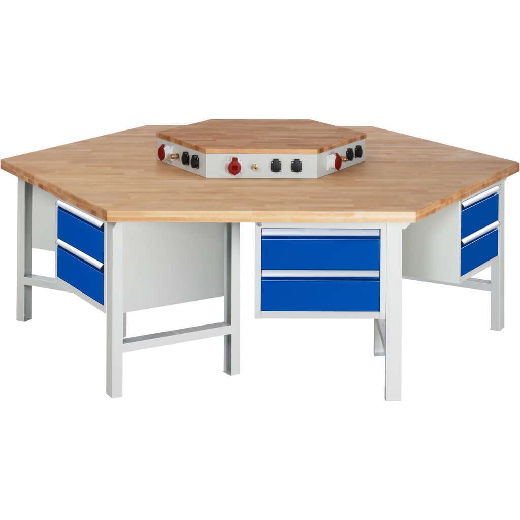 Banco de trabajo en grupo RAU serie 4000, toma de corriente, 6 contenedores, HxAxF 790-1.140 x 2.700 x 2.340 mm, 12 cajones extraíbles al 90 % con ErgoScript® Imagen del producto: Banco de trabajo en grupo RAU serie 4000, toma de corriente, 6 contenedores, HxAxF 790-1.140 x 2.700 x 2.340 mm, 12 cajones extraíbles al 90 % con ErgoScript®