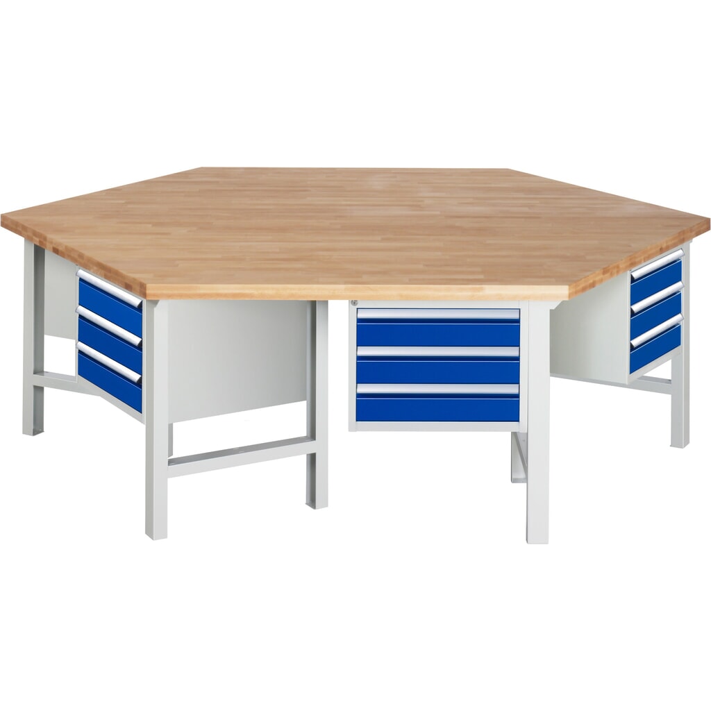 Banco de trabajo en grupo RAU serie 4000, 6 contenedores, HxAxF 790-1.140 x 2.700 x 2.340 mm, 18 cajones extraíbles al 90 % Imagen del producto: Banco de trabajo en grupo RAU serie 4000, 6 contenedores, HxAxF 790-1.140 x 2.700 x 2.340 mm, 18 cajones extraíbles al 90 %