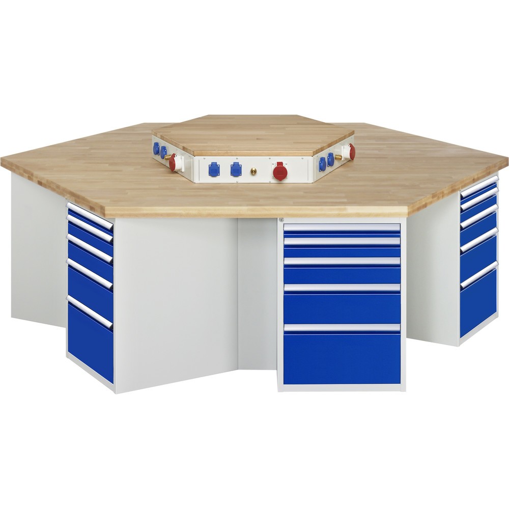 Imagen del producto: Banco de trabajo en grupo RAU serie 4000, toma de corriente, 6 contenedores, zócalo, HxAxF 890 x 2.700 x 2.340 mm, 30 cajones extraíbles al 90 %