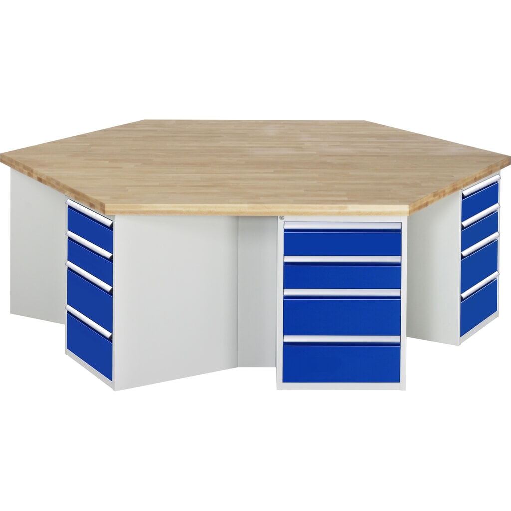 Banco de trabajo en grupo RAU serie 4000, 6 contenedores, zócalo, HxAxF 890 x 2.700 x 2.340 mm, 24 cajones extraíbles al 90 % Imagen del producto: Banco de trabajo en grupo RAU serie 4000, 6 contenedores, zócalo, HxAxF 890 x 2.700 x 2.340 mm, 24 cajones extraíbles al 90 %