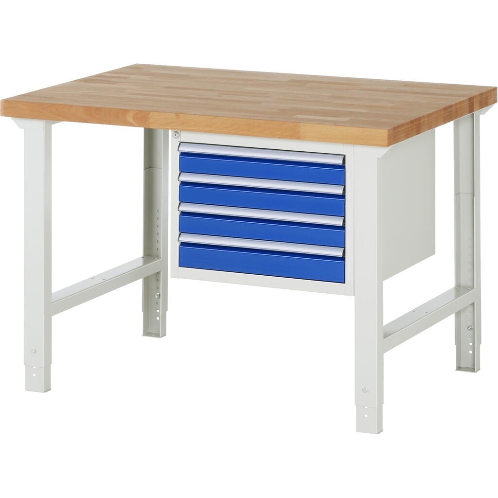Imagen del producto: Banco de trabajo RAU serie 7000, 1 contenedor, HxAxF 790-1.140 x 1.250 x 900 mm, 4 cajones extraíbles al 90 %, 4 x 90 mm