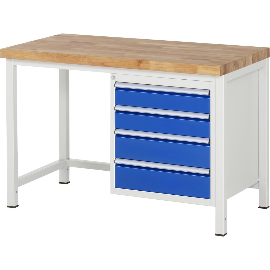 Banco de trabajo RAU serie 8000, HxAxF 840-1.040 x 1.250 x 700 mm, 4 cajones extraíbles al 90%: 2 x 120 mm, 2 x 150 mm, ancho 490 mm Imagen del producto: Banco de trabajo RAU serie 8000, HxAxF 840-1.040 x 1.250 x 700 mm, 4 cajones extraíbles al 90%: 2 x 120 mm, 2 x 150 mm, ancho 490 mm
