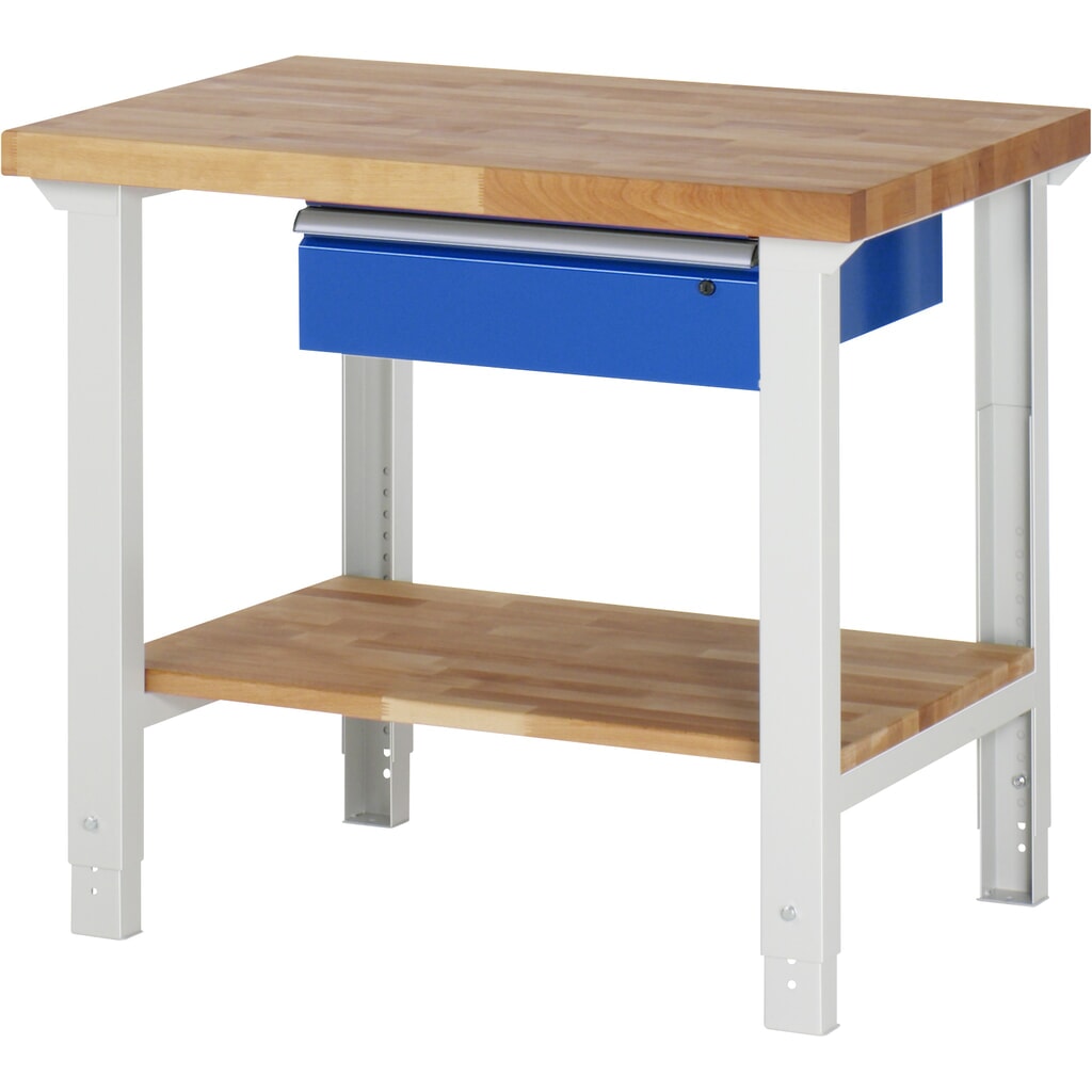 Banco de trabajo RAU, serie 7000, H x A x F 790-1.140 x 1.000 x 700 mm, 1 estante inferior, 1 cajón, ErgoScript Imagen del producto: Banco de trabajo RAU, serie 7000, H x A x F 790-1.140 x 1.000 x 700 mm, 1 estante inferior, 1 cajón, ErgoScript