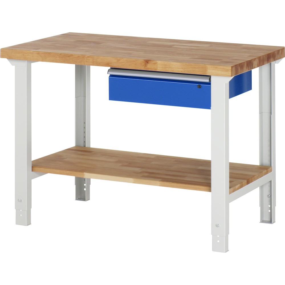 Imagen del producto: Banco de trabajo RAU, serie 7000, H x A x F 790-1.140 x 1.250 x 700 mm, 1 estante inferior, 1 cajón, ErgoScript