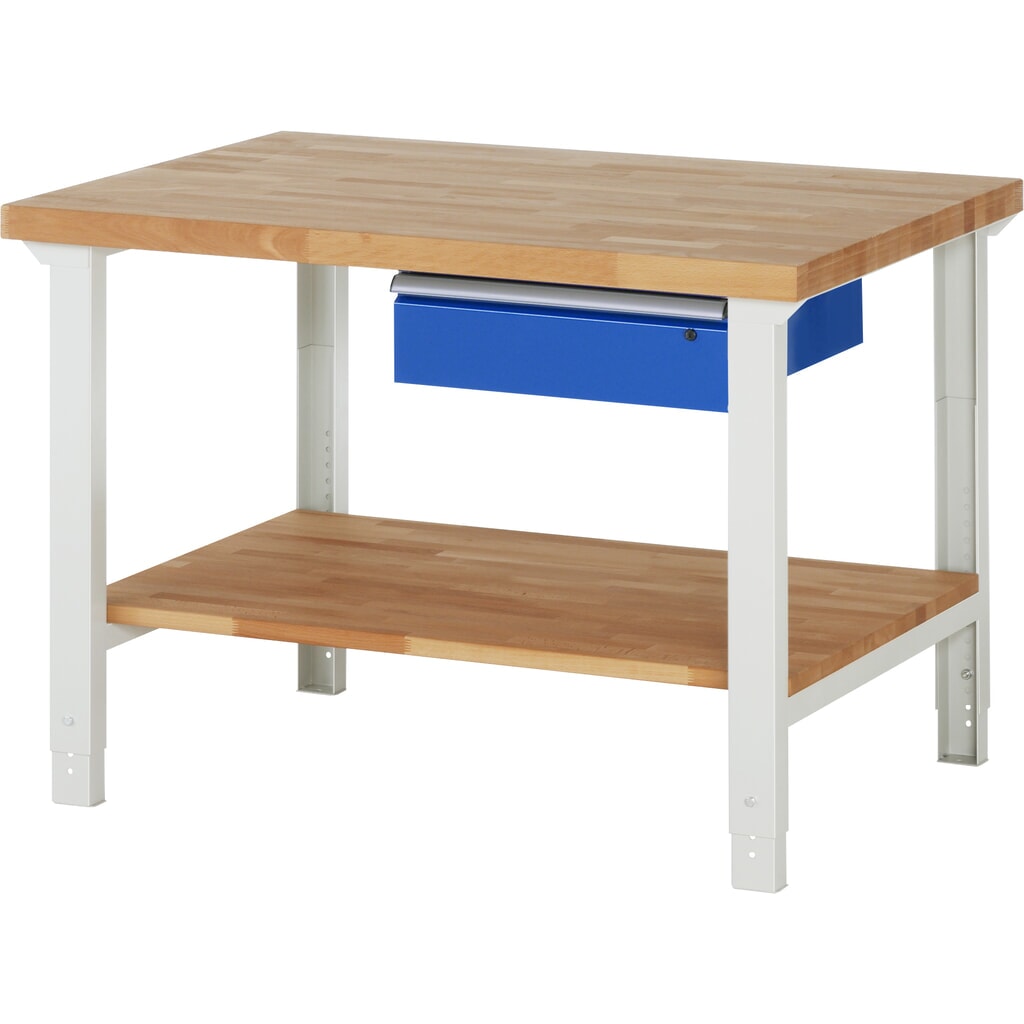 Banco de trabajo RAU, serie 7000, H x A x F 790-1.140 x 1.250 x 900 mm, 1 estante inferior, 1 cajón, ErgoScript Imagen del producto: Banco de trabajo RAU, serie 7000, H x A x F 790-1.140 x 1.250 x 900 mm, 1 estante inferior, 1 cajón, ErgoScript