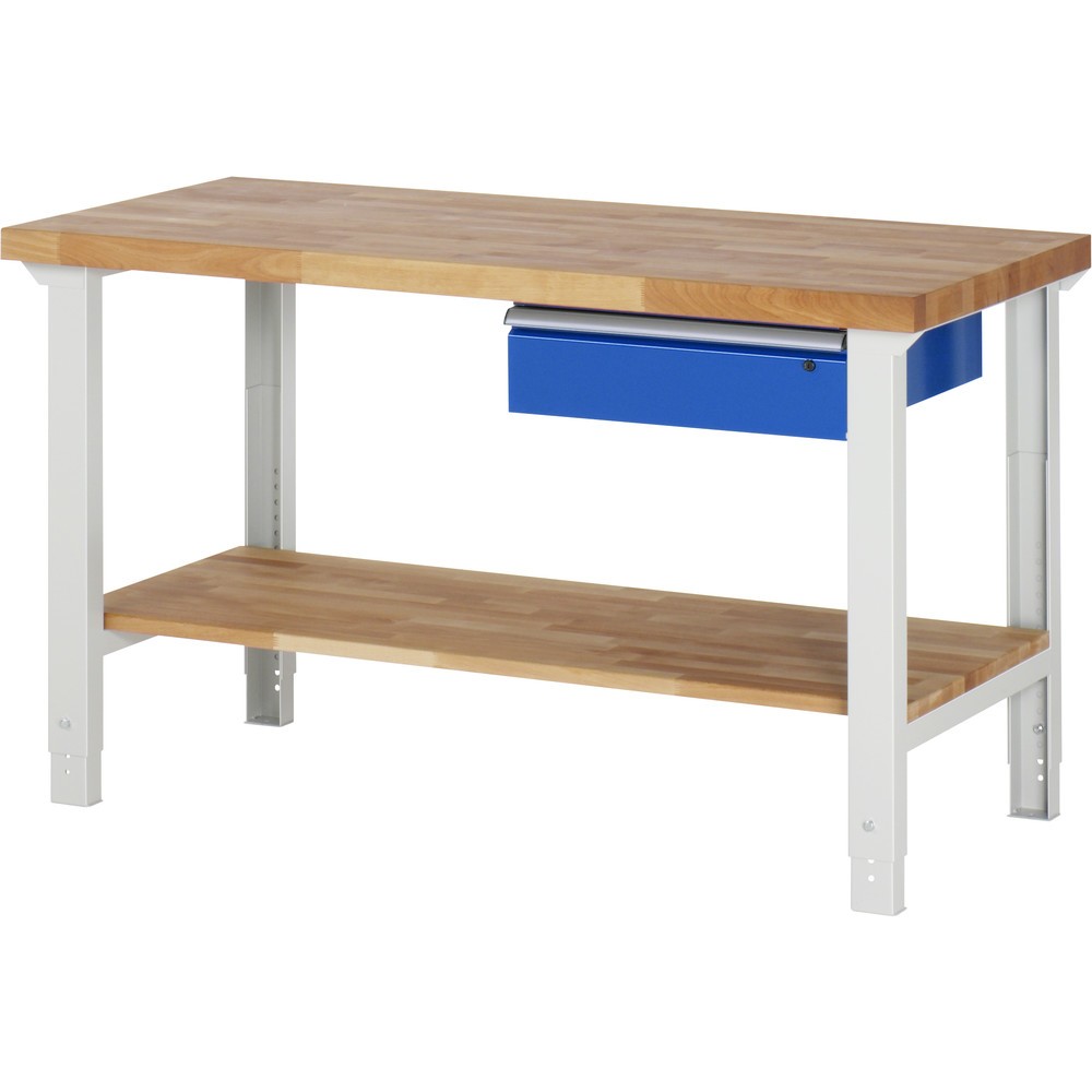 Imagen del producto: Banco de trabajo RAU, serie 7000, H x A x F 790-1.140 x 1.500 x 700 mm, 1 estante inferior, 1 cajón, ErgoScript