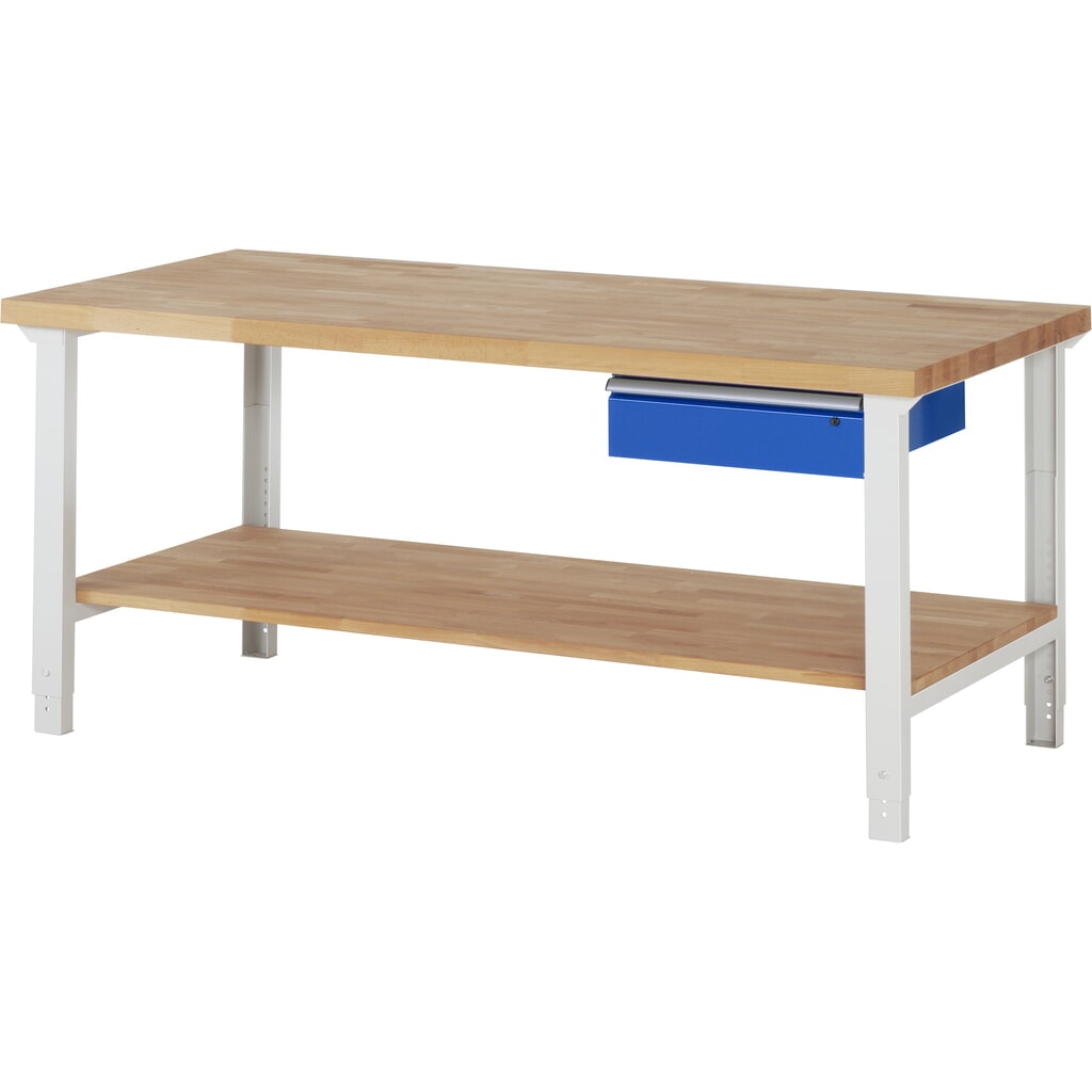 Imagen del producto: Banco de trabajo RAU, serie 7000, H x A x F 790-1.140 x 2.000 x 900 mm, 1 estante inferior, 1 cajón, ErgoScript