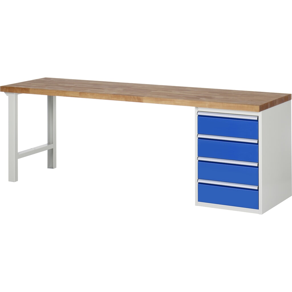 Imagen del producto: Banco de trabajo RAU serie 7000, 1 contenedor, HxAxF 890 x 2.500 x 700 mm, 4 cajones extraíbles al 90 %, 4 x 180 mm, CC por cajón 100 kg