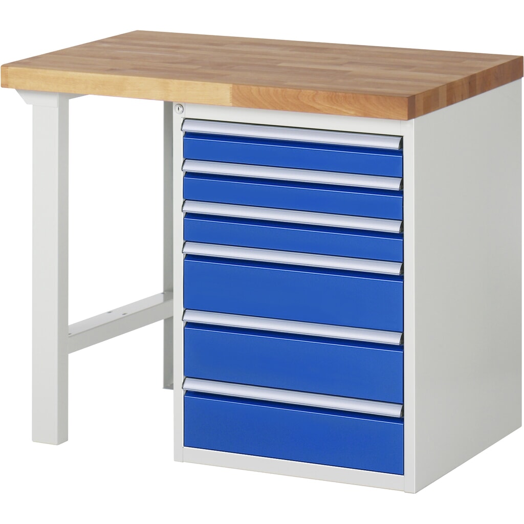 Banco de trabajo RAU serie 7000, 1 contenedor, HxAxF 890 x 1.000 x 700 mm, 6 cajones extraíbles al 90 %, 3 x 90, 3 x 150 mm, CC por cajón 100 kg Imagen del producto: Banco de trabajo RAU serie 7000, 1 contenedor, HxAxF 890 x 1.000 x 700 mm, 6 cajones extraíbles al 90 %, 3 x 90, 3 x 150 mm, CC por cajón 100 kg