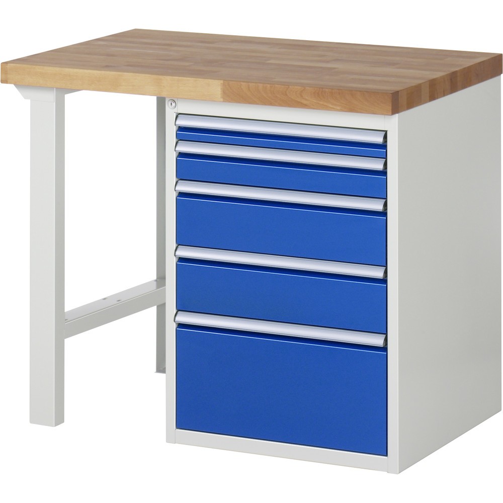 Imagen del producto: Banco de trabajo RAU serie 7000, 1 contenedor, HxAxF 890 x 1.000 x 700 mm, 5 cajones extraíbles al 90 %, 1 x 60, 1 x 90, 2 x 150, 1 x 270 mm, CC por cajón 100 kg