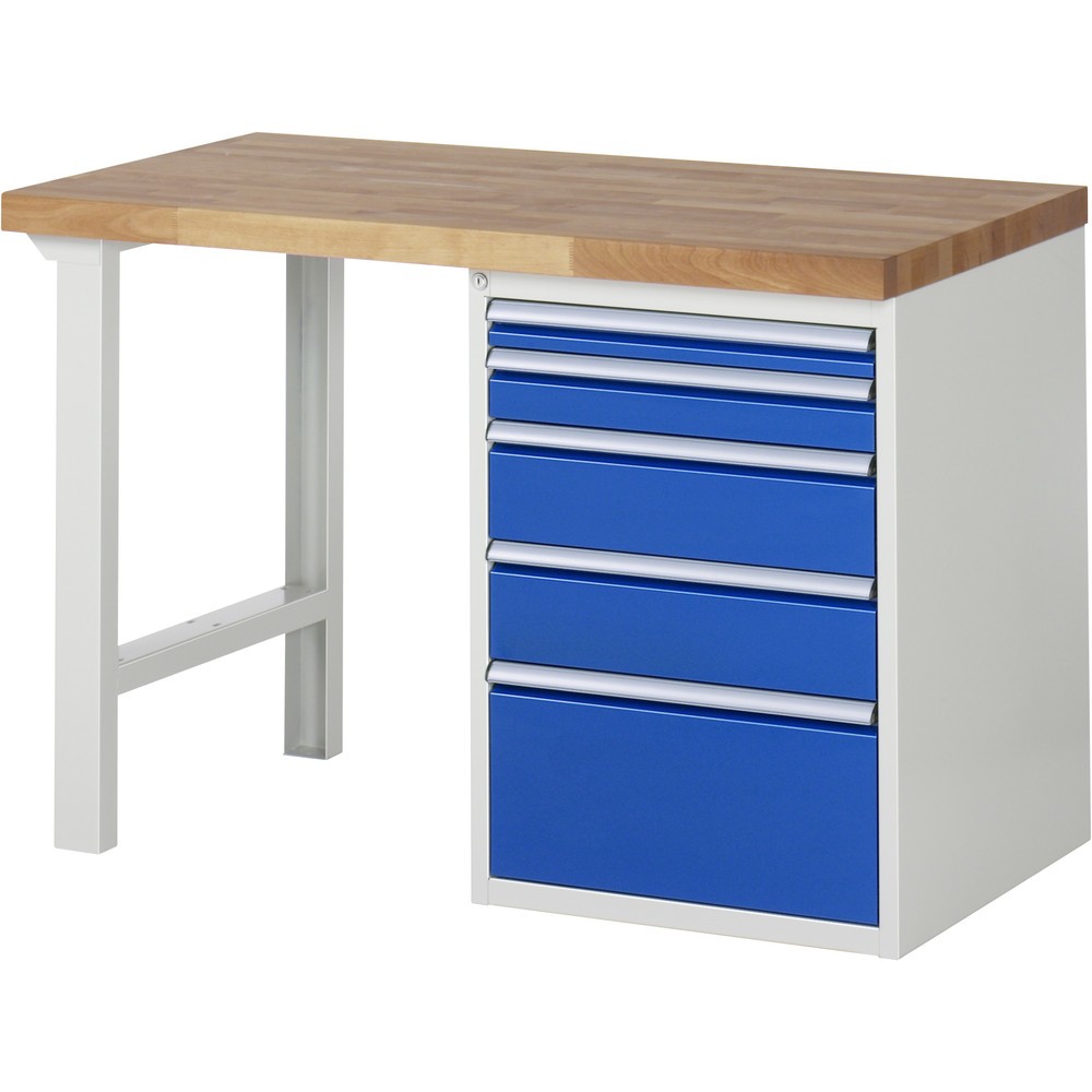 Imagen del producto: Banco de trabajo RAU serie 7000, 1 contenedor, HxAxF 890 x 1.250 x 700 mm, 5 cajones extraíbles al 90 %, 1 x 60, 1 x 90, 2 x 150, 1 x 270 mm, CC por cajón 100 kg