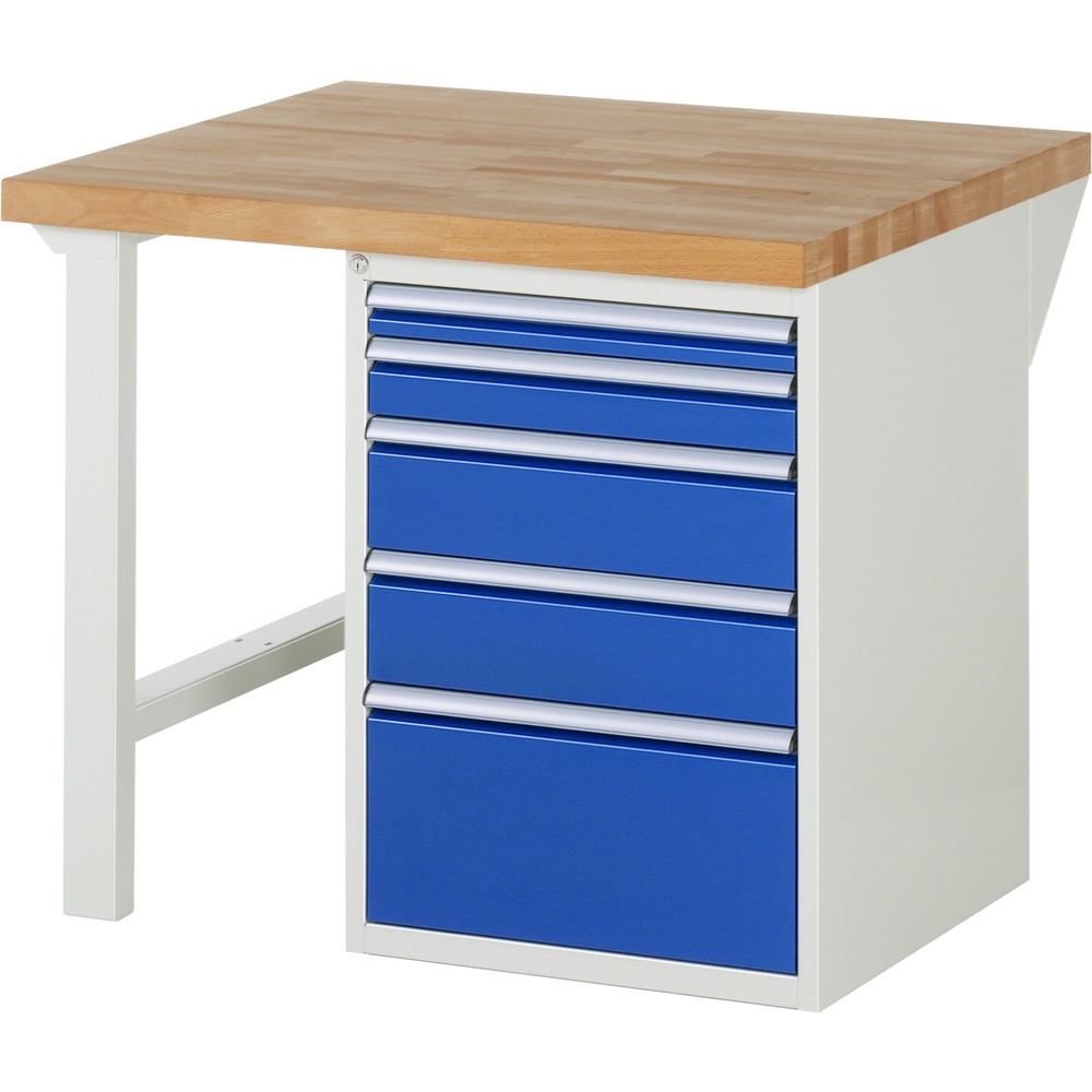Imagen del producto: Banco de trabajo RAU serie 7000, 1 contenedor, HxAxF 890 x 1.000 x 900 mm, 5 cajones extraíbles al 90 %, 1 x 60, 1 x 90, 2 x 150, 1 x 270 mm, CC por cajón 100 kg